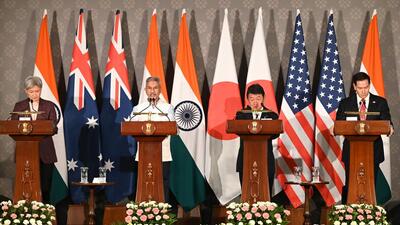 From left, Australian Foreign Minister Penny Wong, External Affairs Minister S. Jaishankar, Japanese Foreign Minister Toshimitsu Motegi and US Secretary of State Marco Rubio during a joint press conference after attending the Quad Foreign Ministers' Meeting. (HindPhoto by Arvind Yadav/HT Photo) From left, Australian Foreign Minister Penny Wong, External Affairs Minister S. Jaishankar, Japanese Foreign Minister Toshimitsu Motegi and US Secretary of State Marco Rubio during a joint press conference after attending the Quad Foreign Ministers' Meeting. (HindPhoto by Arvind Yadav/HT Photo)