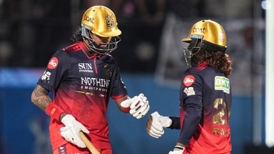 But RCB wouldn't stay on the backfoot for long. Rajat Patidar and Krunal Pandya spent a couple of overs restructuring, before beginning to tee off again. Their powerplay gave RCB all the momentum again, with some truly spectacular hitting as no bowler was spared. (PTI) But RCB wouldn't stay on the backfoot for long. Rajat Patidar and Krunal Pandya spent a couple of overs restructuring, before beginning to tee off again. Their powerplay gave RCB all the momentum again, with some truly spectacular hitting as no bowler was spared. (PTI)