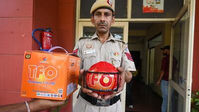 The spherical devices, weighing between 1.3 kg and 1.7 kg, contain mono ammonium phosphate-based dry powder, a foam shell, internal drive, installation brackets and a PVC covering, said Delhi Police. (RAJ K RAJ /HT PHOTO) The spherical devices, weighing between 1.3 kg and 1.7 kg, contain mono ammonium phosphate-based dry powder, a foam shell, internal drive, installation brackets and a PVC covering, said Delhi Police. (RAJ K RAJ /HT PHOTO)