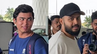 Vaibhav Sooryavanshi and Riyan Parag at the Mumbai airport (Screengrab) Vaibhav Sooryavanshi and Riyan Parag at the Mumbai airport (Screengrab)