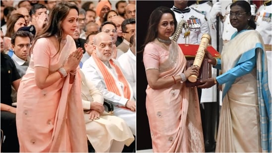Hema Malini embraces timeless elegance in pastel saree at Padma Awards 2026. (Instagram/@pallav_paliwal)
