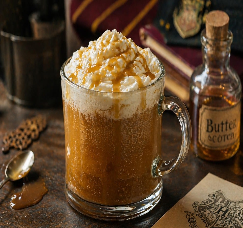 Butterbeer is a frothy non-alcoholic butterscotch drink. Butterbeer is a frothy non-alcoholic butterscotch drink.