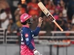 Rajasthan Royals' Vaibhav Sooryavanshi tosses his bat as he walks back to the pavilion 