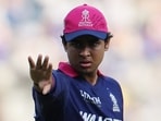 Rajasthan Royals' Vaibhav Sooryavanshi wears a cap with a message. 