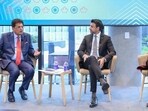 India’s Commerce and Industry Minister Piyush Goyal (left) with Canada’s Minister of International Trade Maninder Sidhu (centre) at a trade and investment forum in Toronto on Tuesday. (Maninder Sidhu-X)