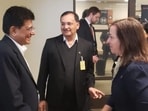 India’s High Commissioner to Ottawa Dinesh Patnaik (centre) with Commerce and Industry Minister Piyush Goyal in Ottawa on Monday. (High Commission of India/X))