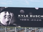A banner in honor of deceased driver Kyle Busch during the Coca-Cola 600 at Charlotte Motor Speedway on May 24.