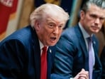 US President Donald Trump speaks next to Defense Secretary Pete Hegseth during a cabinet meeting in the Cabinet Room at the White House, in Washington, DC