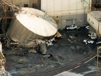A drone view of a chemical tank after its rupture at the Nippon Dynawave Packaging pulp and paper mill in Longview, Washington, U.S., May 26, 2026. 