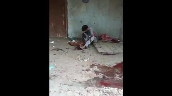 A screengrab from the viral video showing man slitting the canine’s throat (HT Photo)