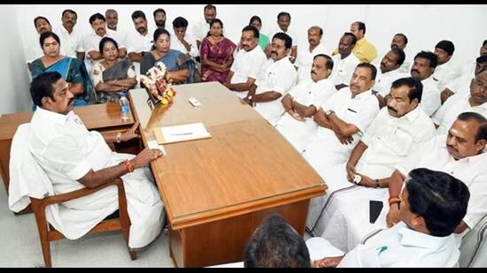 AIADMK leader Edappadi K Palaniswami or EPS at a meeting with some party MLAs at his house in Chennai. (ANI)