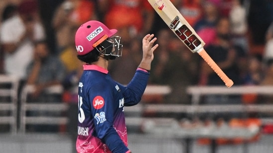 Rajasthan Royals' Vaibhav Sooryavanshi tosses his bat as he walks back to the pavilion (ANI Pic Service)