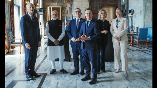 Modi convened the third India-Nordic Summit with the PMs of Denmark, Finland, Iceland, Norway, and Sweden, where, among other outcomes, India received collective Nordic backing for a permanent UN Security Council seat. (Stian Lysberg Solum/NTB Scanpix via AP)