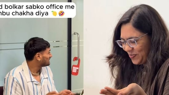 An office prank shows colleagues being offered lemon juice. (Photo Credit: Instagram/@teambabyorgano)