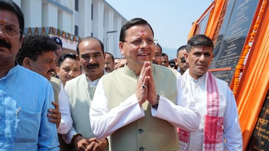 Uttarakhand Chief Minister Pushkar Singh Dhami at an inauguration event in Almora, where projects covering roads, water supply, education and civic infrastructure were launched.