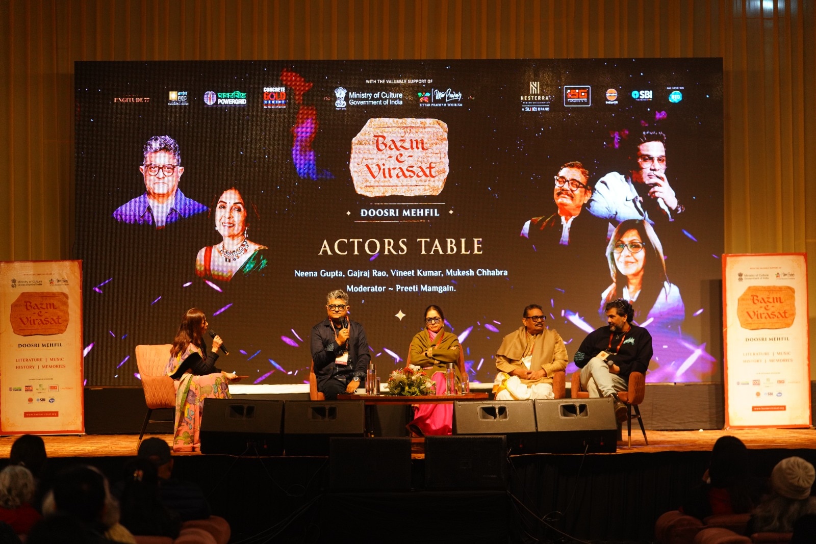Preeti Mamgain in conversation with Gajraj Rao, Neena Gupta, Vineet Kumar, and Mukesh Chhabra. (Courtesy Bazm-e-Virasat) Preeti Mamgain in conversation with Gajraj Rao, Neena Gupta, Vineet Kumar, and Mukesh Chhabra. (Courtesy Bazm-e-Virasat)