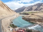 A rock check dam aimed at achieving long-term water and agricultural sustainability in Ladakh was inaugurated by Ladakh’s lieutenant governor Vinai Kumar Saxena at Upshi in Leh on Wednesday. (HT Photo) A rock check dam aimed at achieving long-term water and agricultural sustainability in Ladakh was inaugurated by Ladakh’s lieutenant governor Vinai Kumar Saxena at Upshi in Leh on Wednesday. (HT Photo)