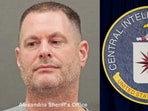 The mugshot of arrested CIA officer, David Rush (L) and the CIA logo.