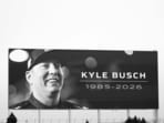 A general view of an LED screen displaying a tribute to Kyle Busch prior to practice for the NASCAR Cup Series Coca-Cola 600 Charbroil 300