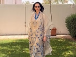 For Eid al-Adha, Sania Mirza wore a refined sand-hued organza suit by Sania Maskatiya, adorned with blue floral motifs. (Instagram/ Sania Mirza)