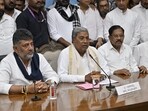 Karnataka CM news: Outgoing chief minister Siddaramaiah addresses a press conference with deputy chief minister DK Shivakumar after tendering his resignation