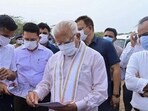 Union Minister of Housing and Urban Affairs Manohar Lal during a visit to the Bandhwari landfill in Gurugram on Thursday. (PTI)