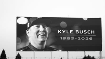 A general view of an LED screen displaying a tribute to Kyle Busch prior to practice for the NASCAR Cup Series Coca-Cola 600 Charbroil 300 (Getty Images via AFP) A general view of an LED screen displaying a tribute to Kyle Busch prior to practice for the NASCAR Cup Series Coca-Cola 600 Charbroil 300 (Getty Images via AFP)
