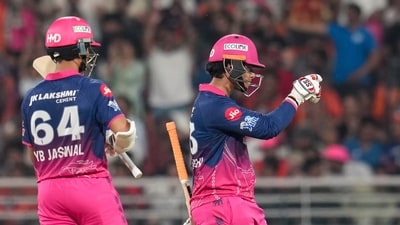 Yashasvi Jaiswal, left, claps, as Vaibhav Sooryavanshi celebrates his fifty. (PTI) Yashasvi Jaiswal, left, claps, as Vaibhav Sooryavanshi celebrates his fifty. (PTI)
