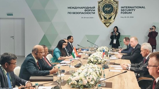 NSA Ajit Doval and his Russian counterpart, Sergei Shoigu, also exchanged views on the upcoming BRICS NSA meeting in New Delhi. (HT Photo)