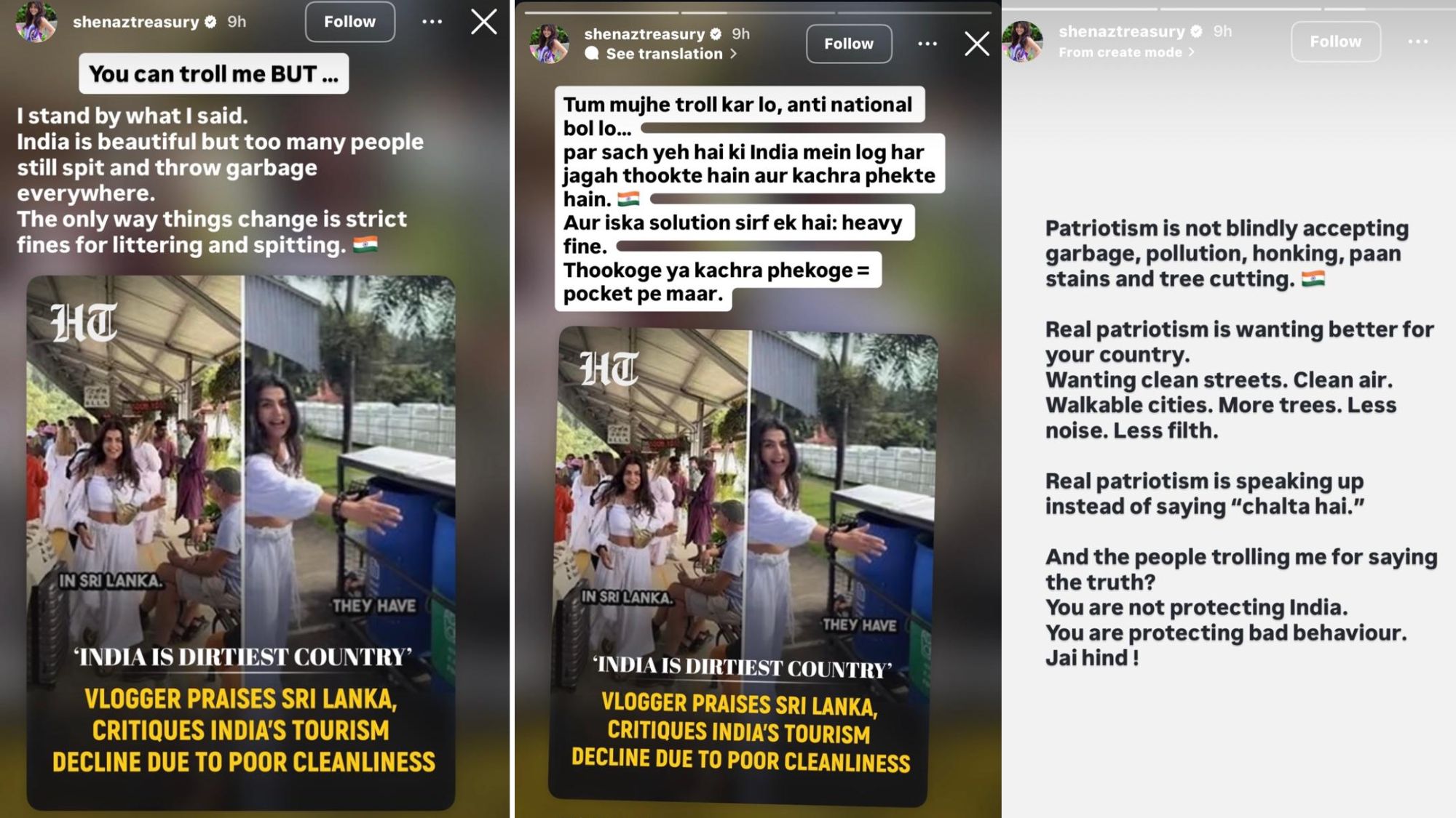 Shenaz defended her comments through a series of Instagram Stories. (Instagram/@shenaztreasury) Shenaz defended her comments through a series of Instagram Stories. (Instagram/@shenaztreasury)