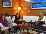 Ladakh LG Vinai Kumar Saxena met activist Sonam Wangchuk and his wife Gitanjali Angmo on Tuesday.