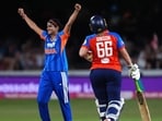 India's Nandani Sharma celebrates the wicket of England's Dani Gibson on Thursday in Chelmsford. (AP)