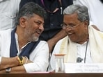 Siddaramaiah (right) with DK Shivakumar in Bengaluru on Thursday. (ANI)