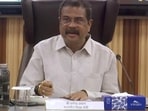 Union education minister Dharmendra Pradhan during a meeting with CBSE officials in New Delhi on Thursday. (ANI)