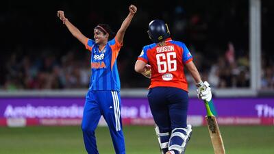 India's Nandani Sharma celebrates the wicket of England's Dani Gibson on Thursday in Chelmsford. (AP)