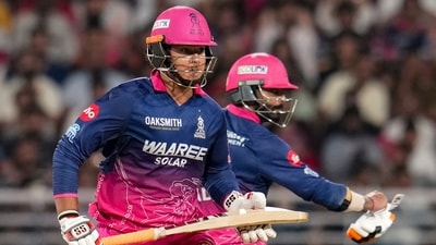 After the early wickets, Ravindra Jadeja was promoted to number four, and helped Vaibhav Sooryavanshi settle in with some counter-attacking of his own. He had to go off retired hurt, but did his job as he ensured that pressure didn't settle onto the young shoulders of RR's superstar. (PTI) After the early wickets, Ravindra Jadeja was promoted to number four, and helped Vaibhav Sooryavanshi settle in with some counter-attacking of his own. He had to go off retired hurt, but did his job as he ensured that pressure didn't settle onto the young shoulders of RR's superstar. (PTI)