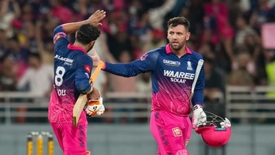 RR threatened to lose steam with some questionable batting tactics, leaving Donovan Ferreira's entry point very late – but the South African delivered. He only faced 11 balls, but two fours and four sixes in that spell helped him to 38*, and took RR to 214 in the first innings. (PTI) RR threatened to lose steam with some questionable batting tactics, leaving Donovan Ferreira's entry point very late – but the South African delivered. He only faced 11 balls, but two fours and four sixes in that spell helped him to 38*, and took RR to 214 in the first innings. (PTI)