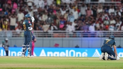 Shubman Gill falls to his knees as deja vu arrives for Sai Sudharsan as well. Almost unbelievable, as he managed to get himself out hit-wicket all over again. The bat slip from his hands, and crashed down on top of his stumps – twice in the matter of four days! (PTI) Shubman Gill falls to his knees as deja vu arrives for Sai Sudharsan as well. Almost unbelievable, as he managed to get himself out hit-wicket all over again. The bat slip from his hands, and crashed down on top of his stumps – twice in the matter of four days! (PTI)