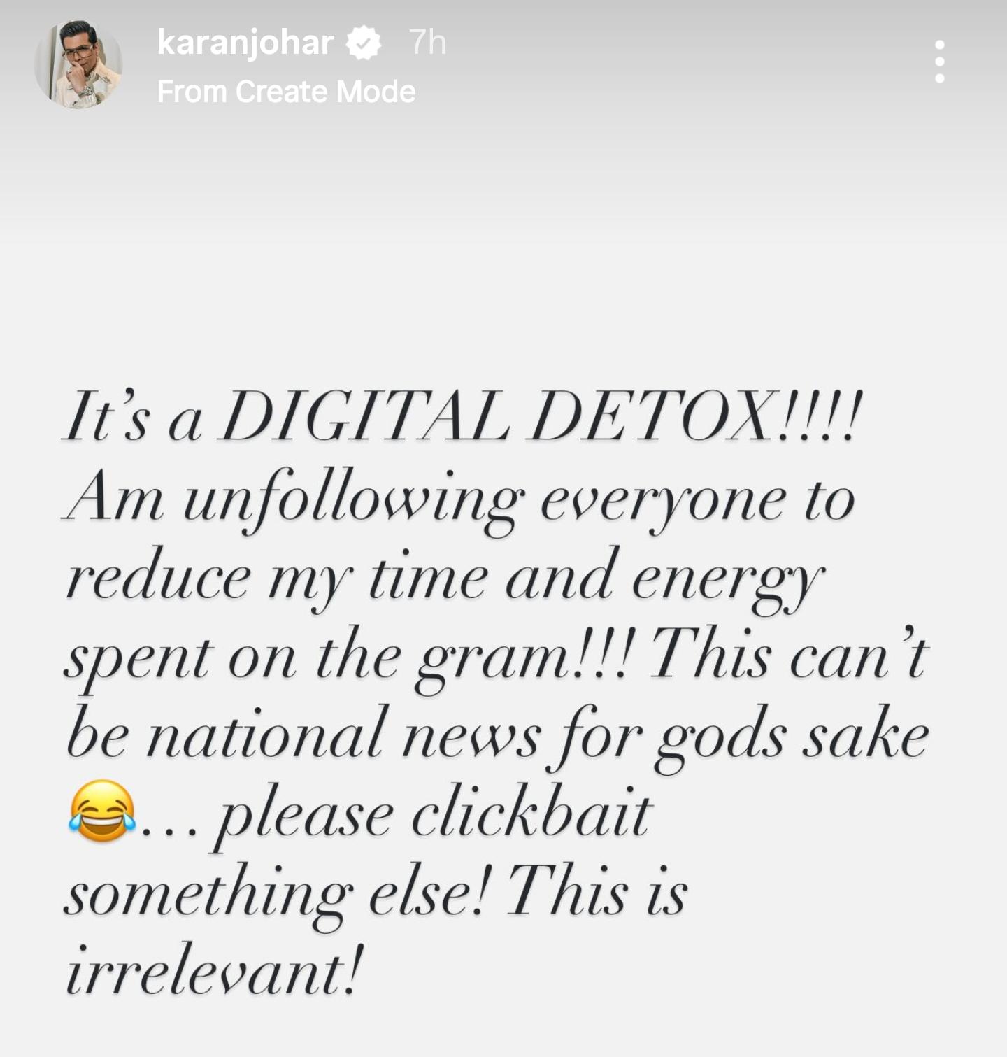 Karan Johar's Insta Story Karan Johar's Insta Story