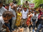 AAP supporters stage a matka phod protest against the Delhi government and the Delhi Jal Board (DJB) over the water crisis outside the Mayur Vihar DJB office in New Delhi. (Photo by Raj K Raj / Hindustan Times)