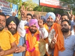Aam Aadmi Party winning candidates from Majitha constituency celebrate with supporters. (Sameer Sehgal/HT) Aam Aadmi Party winning candidates from Majitha constituency celebrate with supporters. (Sameer Sehgal/HT)