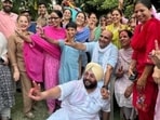 BJP workers celebrate the party’s win in Abohar municipal corporation on Friday. (HT Photo)