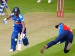 England's Amy Jones attempts to run out India's Harmanpreet Kaur. 