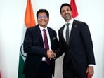 Canada's Minister of International Trade Maninder Sidhu (right) and India's Minister of Commerce and Industry Piyush Goyal shake hands after making remarks before a bilateral meeting in Ottawa, on May 25. (AP)