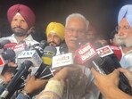 Congress leaders Amarinder Singh Raja Warring, Bhupesh Baghel and Sukhjinder Singh Randhawa addressing the media in Delhi on Friday. (HT Photo) Congress leaders Amarinder Singh Raja Warring, Bhupesh Baghel and Sukhjinder Singh Randhawa addressing the media in Delhi on Friday. (HT Photo)