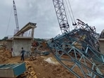 In UP's Hamirpur district, four labourers and two security guards were killed after a section of an under-construction bridge collapsed during a storm.