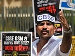 A member of National Students' Union of India (NSUI) during a protest against the CBSE over discrepancies and technical glitches in the OSM system, at Indira Bhawan, in New Delhi.