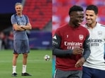 Luis Enrique in a PSG training session and Mikel Arteta in Arsenal.