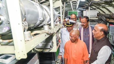 Defence minister Rajnath Singh, Uttar Pradesh chief minister Yogi Adityanath, and Deputy CMs Keshav Prasad Maurya and Brajesh Pathak during the inauguration ceremony of ‘Nausena Shaurya Vatika’, in Lucknow on Saturday. (@rajnathsingh X/ANI Photo)