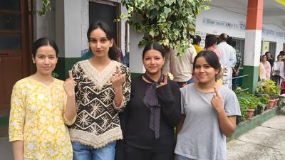 First-time voters showing their inked fingers after exercising their franchise at Gumma panchayat in Shimla district on Saturday. (HT Photo) First-time voters showing their inked fingers after exercising their franchise at Gumma panchayat in Shimla district on Saturday. (HT Photo)